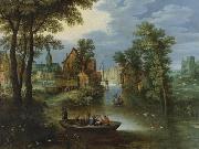 Marten Rijckaert River landscape with religious theme Flight into Egypt oil painting